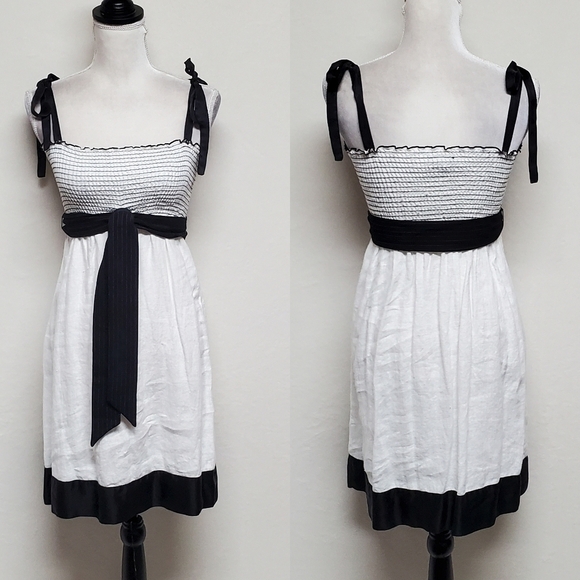 bebe Dresses & Skirts - Vintage BEBE Black Silk White Linen Smocked Tie Shoulder Mini Babydoll Dress  XS